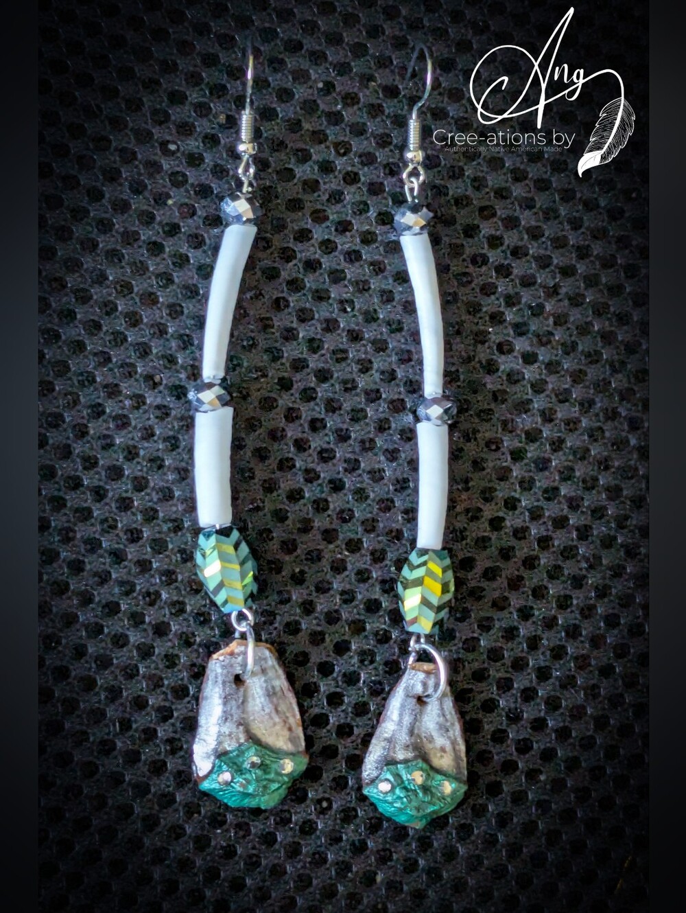 Native Green and Silver Dentalium Shell Hand Painted Pine Cone Petal Earrings
